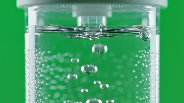 Close up of bubbles rising from a test tube in a laboratory setting