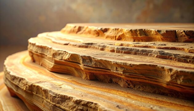 Close-up view of layered sedimentary rock formations with warm earthy tones.