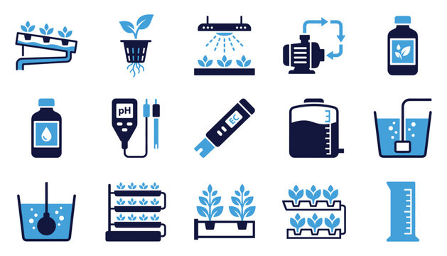 Hydroponic system components vector illustration of water pump ph meter nutrient solution icons.