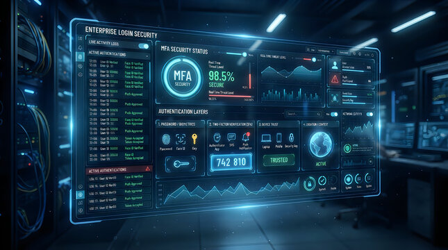 Digital interface with multi-factor authentication, security and data visualization on dark background
