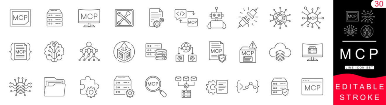 Model Context Protocol (MCP) Line Icon Set &ndash; AI Agent, API Integration, Developer Tools, Automation, Server, Workflow, Vector Outline Editable Stroke