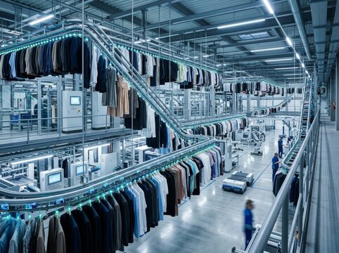 Automated garment sorting conveyor system in modern clothing warehouse. Industrial clothes distribution center with professional worker. Robotics and logistics technology production line.