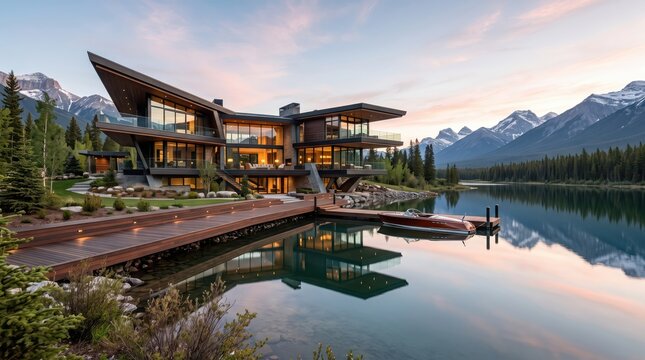 Angular modern lake house with docked motorboat and mountain backdrop