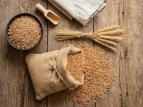 Wheat grain in burlap sack and wooden bowl. Dried cereal stalks on rustic table. Agriculture and organic food concept for nutrition, harvesting, farming, cooking, and harvest industry.
