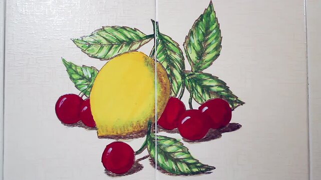 Decorative Ceramic Tile Artwork Inside Domestic Kitchen Close Up View - 4K