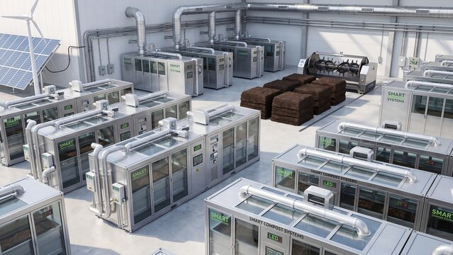 Modern smart compost facility interior with automated composting units solar panels and organic soil bales showing sustainable organic waste recycling green technology and eco friendly industrial