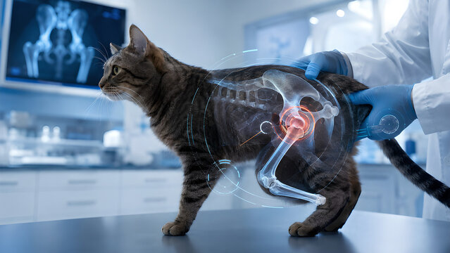 Cat hip joint hip dysplasia and joint laxity photorealistic veterinary diagnostic technology image for animal radiology, orthopedic education, pet healthcare, and clinical marketing copy space