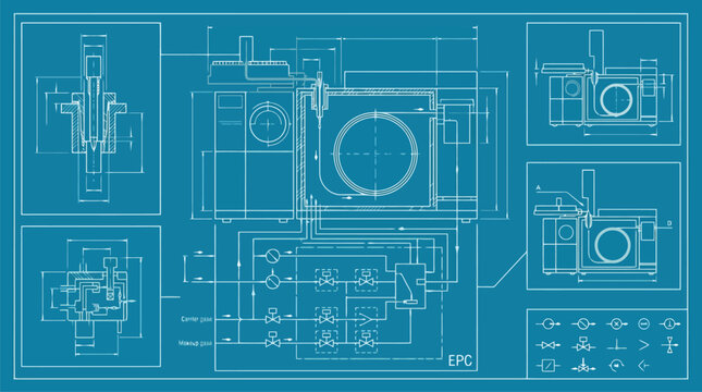 Circuit board schematic diagram with electronic components vector blueprint background.