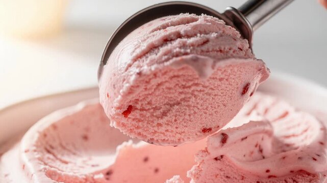 A creamy scoop of smooth strawberry ice cream being lifted from a container in close up