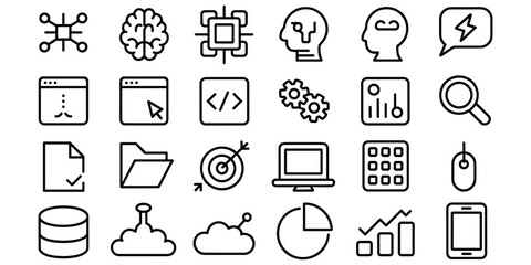 Fototapeta premium Artificial intelligence and technology icons with brain network processing and hardware symbols