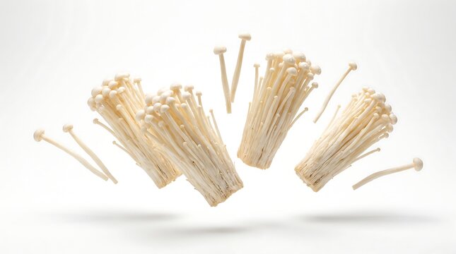 Fresh enoki mushrooms floating in the air against a white background.