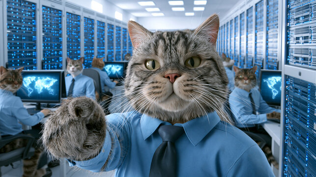 Tabby cat dressed as a computer technician working in a high tech data center server room.