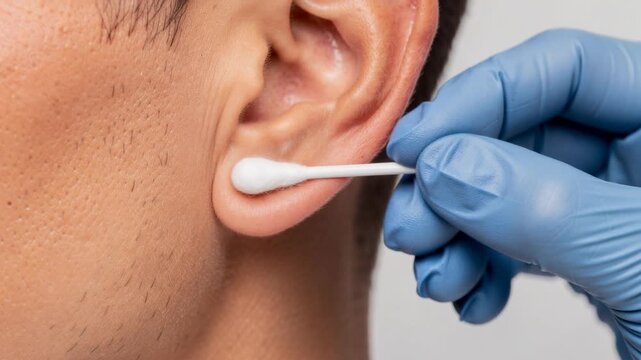 Close up video of gloved hand gently cleaning a person's ear with a cotton swab for personal care