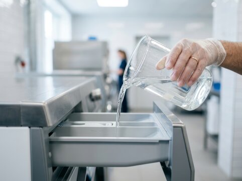 Man pouring water into detergent compartment of professional washing machine. Staff member preparing commercial laundry equipment for cleaning process in industrial laundromat facility.