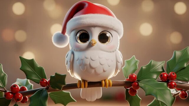Cute snowy owl wearing a Santa hat perched on holly branch with red berries festive winter wildlife