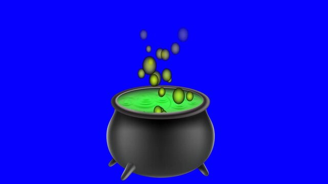 A stylized 3D cartoon-style magic cauldron filled with a bubbling potion. The pot is animated with rising magical bubbles, presented on a solid green screen background for easy chroma key removal. Ide