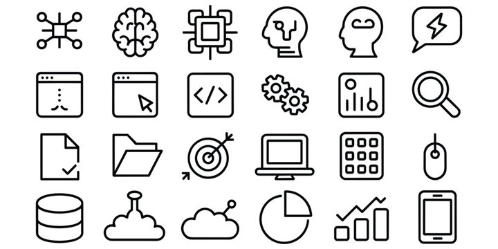 Artificial intelligence and technology icons with brain network processing and hardware symbols