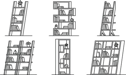 Diverse set of minimalist line art bookshelves filled with books and decorative elements perfect for modern interior design education or digital asset © Anam