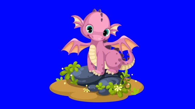 A high-quality 3D animated dragon character sitting calmly on a rocky surface. The animation is set against a solid green screen (chroma key) background, allowing for easy extraction and compositing i