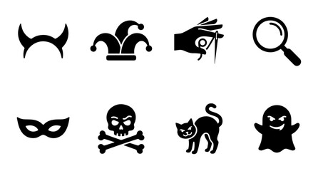Fototapeta premium Halloween Icons Set: Devil Horns, Jester Hat, Sewing, Magnifying Glass, Masquerade Mask, Skull Crossbones, Black Cat, Ghost