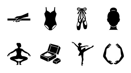 Ballet Icons Set: Dancer, Leotard, Pointe Shoes, Hair Bun, Barre, Hands, Box © Abdur