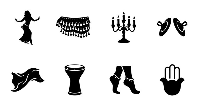 Middle Eastern Dance Icons: Belly Dancer, Cymbals, Drum, Hamsa Hand, Candlestick