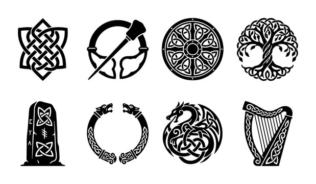 Celtic Knotwork Symbols, Viking Dragon, Tree of Life, Harp, Brooch, Rune Stone, Wheel