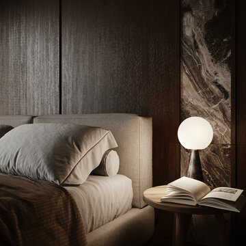 Bedroom. Close up of bed and night stand with lamp. 3D Rendering, 3D Illustration