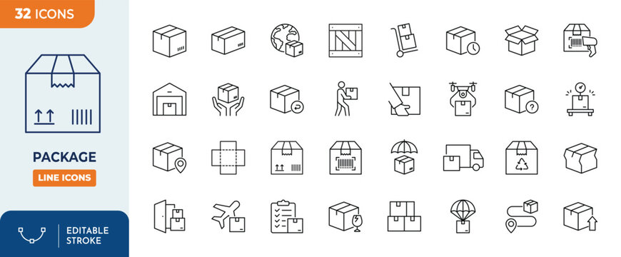 Package Line Editable icon set. Containing package, cardboard, shipping, box, parcel, and more. Editable stroke. Vector illustration