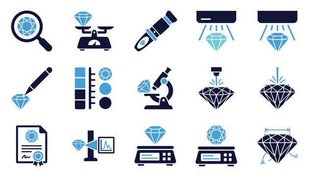 Jewelry appraisal vector illustration showing gem examination processes and grading technician tools.