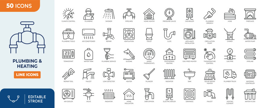 Heating and plumbing line editable icon set. Contain icons related to plumbing, heating, ventilation, construction, renovation, and more. Editable stroke. Vector illustration