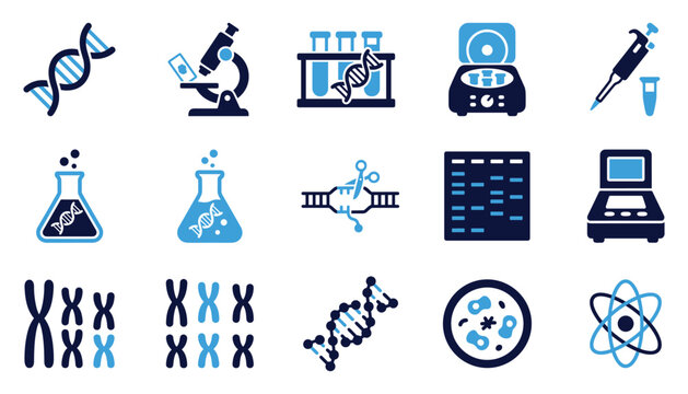Genetic research vector illustration set showing dna structures and laboratory equipment.