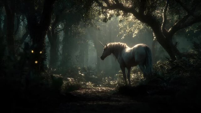 Fantasy, mysterious, wallpaper. A vivid portrayal of a mystical forest scene. A majestic unicorn stands in the foreground, its mane flowing in the wind. The unicorns coat is a mix of white and gray.