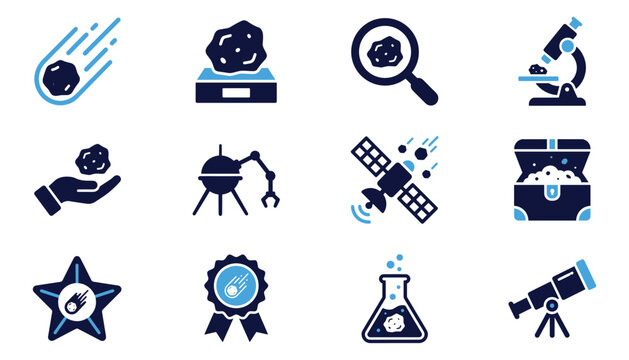 Cosmic discovery vector illustration set showing asteroids, space exploration and scientific research.
