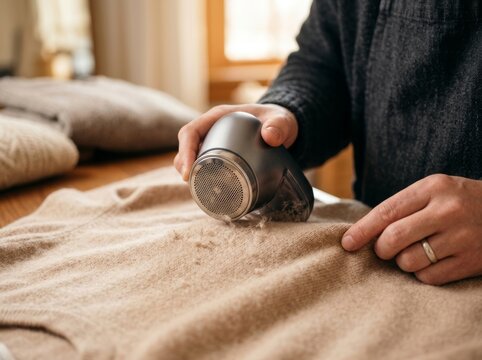 Man using fabric shaver to remove lint from beige sweater. Electric clothes defuzzer tool for garment care and repair. Maintaining woolen clothing and knitwear to refresh old items.