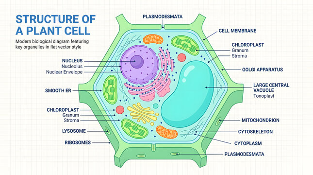 A detailed diagram of a plant cell shows its various organelles and structures.