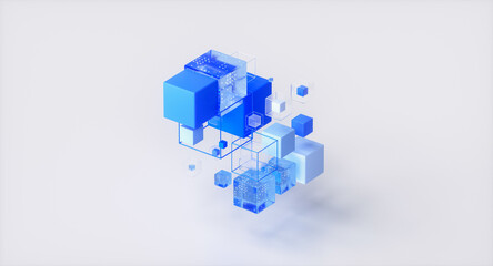Naklejka premium Abstract futuristic 3D geometric digital blue glass cube data.