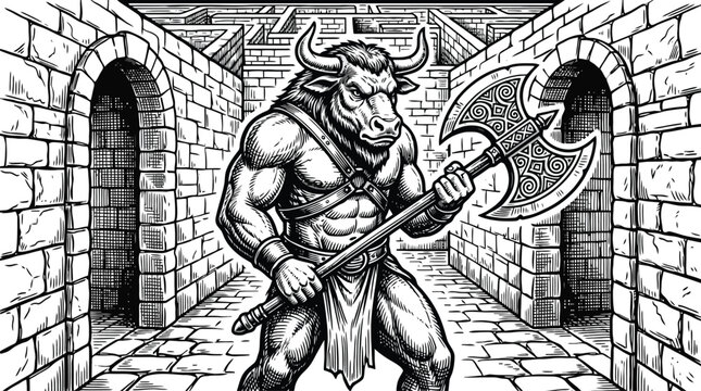 Demon knight with axe in stone dungeon vector illustration.
