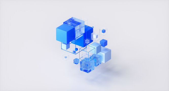 Abstract futuristic 3D geometric digital blue glass cube data.