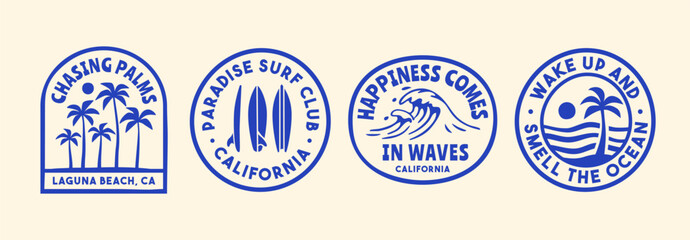 Fototapeta premium Surf badge vector set with retro beach emblems, palm trees, and ocean waves. Minimal coastal logo collection perfect for apparel, branding, and summer designs.
