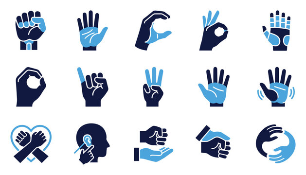 Hand gestures and sign language communication icons set vector illustration for inclusive design.