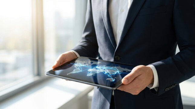 Business person holding tablet with digital world map, global communication and network concept in office