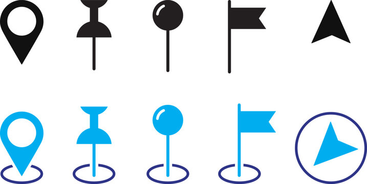 Map Navigation Icon Set with Location Pin, Push Pin, Marker, Flag and Compass Pointer Symbols, Black and Blue Flat Vector Illustration