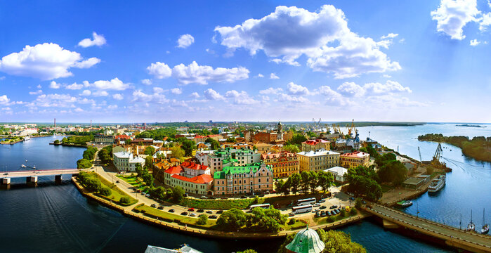 Vyborg Russia. View of the Old City district from the observation deck of the Vyborg Castle, panoramic scene