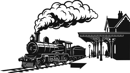 Vintage Steam Train Arriving at Old Railway Station Platform with Smoke © Berkah