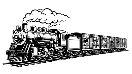 Vintage Steam Locomotive Pulling Freight Cars on Tracks, Black and White Illustration © Berkah