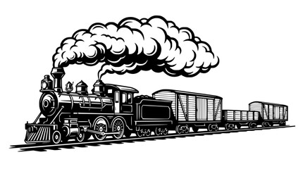 Vintage Steam Locomotive Pulling Cargo Wagons on Train Tracks © Berkah