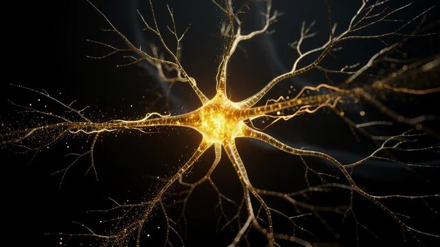 Glowing neuron lighting up as electrical impulses travel through its intricate network in the brain