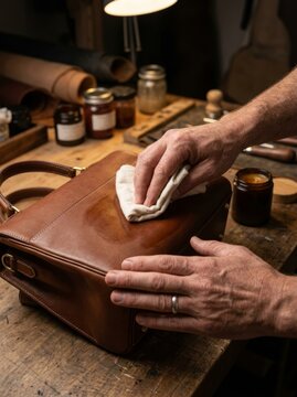 Man craftsman cleaning brown leather bag with cloth in workshop. Artisan maintaining accessory with wax product. Handcrafted goods production, hobby and handmade business workspace concept.