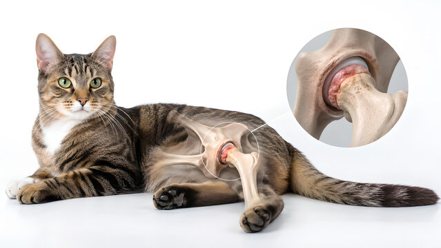 Cat hip dysplasia anatomy with early feline hip osteoarthritis, photorealistic veterinary medical image showing pelvic joint degeneration for pet owner education and animal health websites